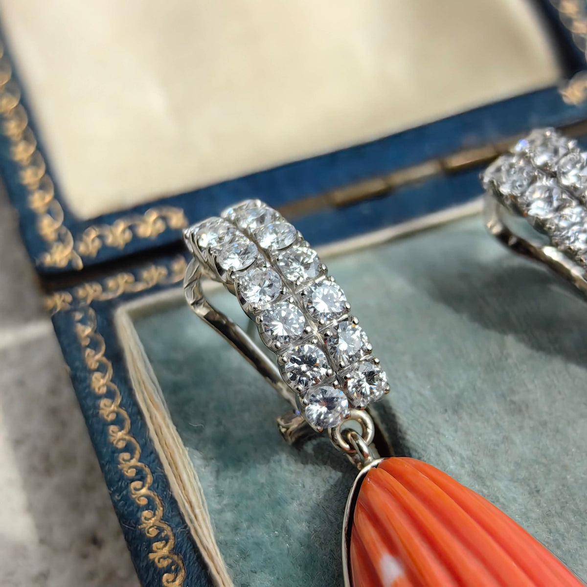 Vintage 1960s Natural Coral Diamond Dangle Earrings, 18K White Gold, 1.96ct, Carved Coral