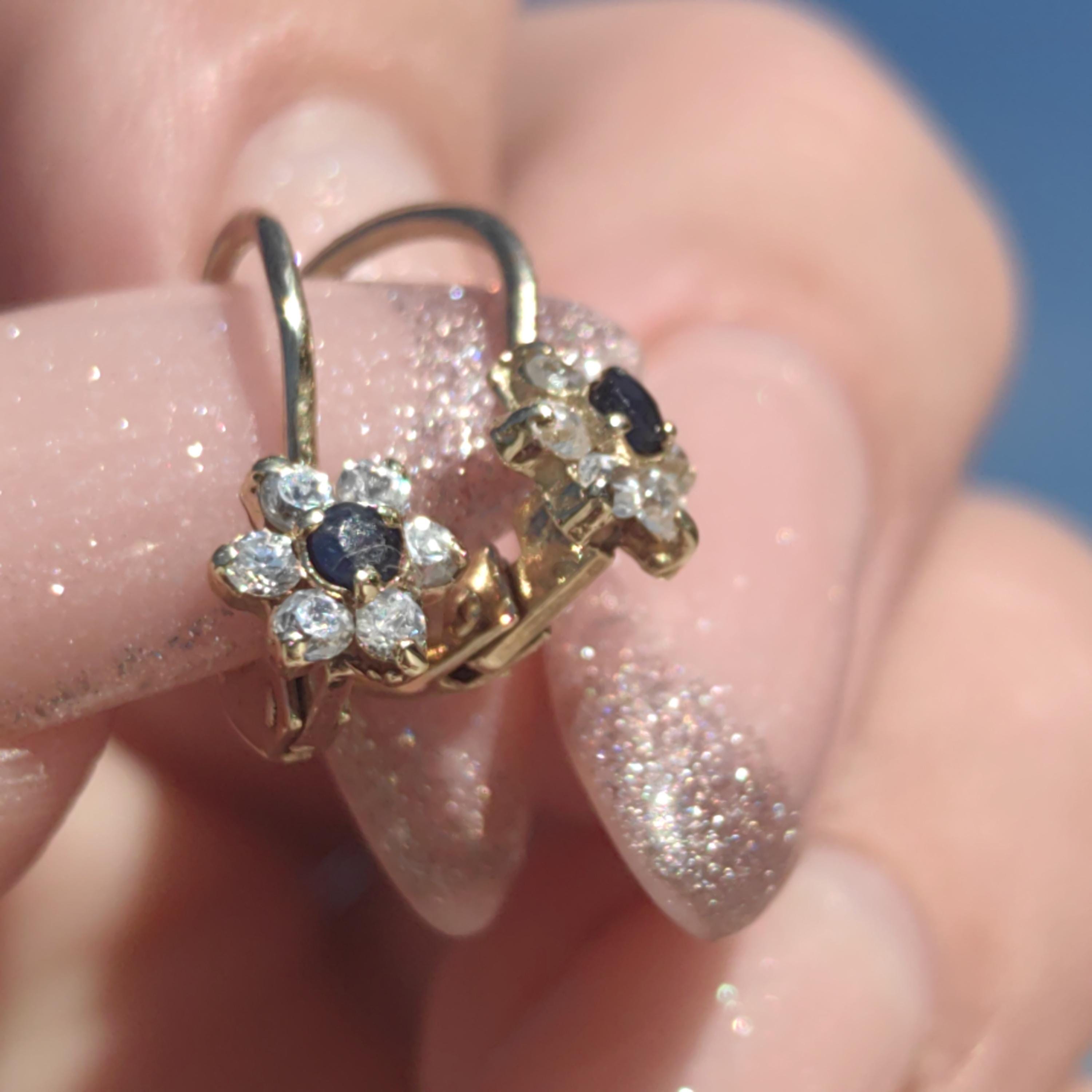 Art Nouveau 14k Champagne Gold Dangle Elegant Floral Dainty 1900s Antique Gift for Her artificial Sapphire Cubic Zirconia Flower Earrings
