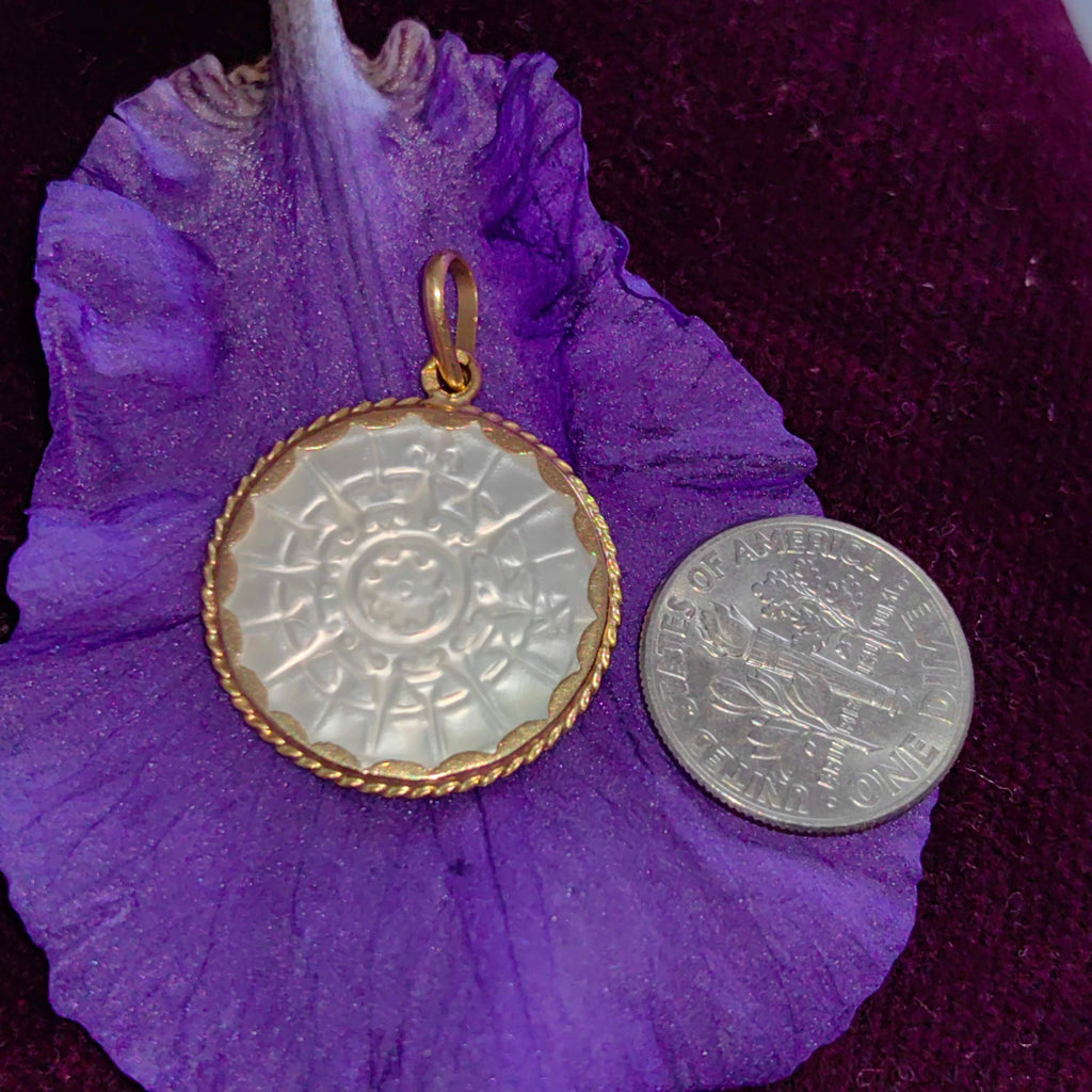 Vintage 1970s Hand Carved Mother of Pearl 18k Gold Pendant