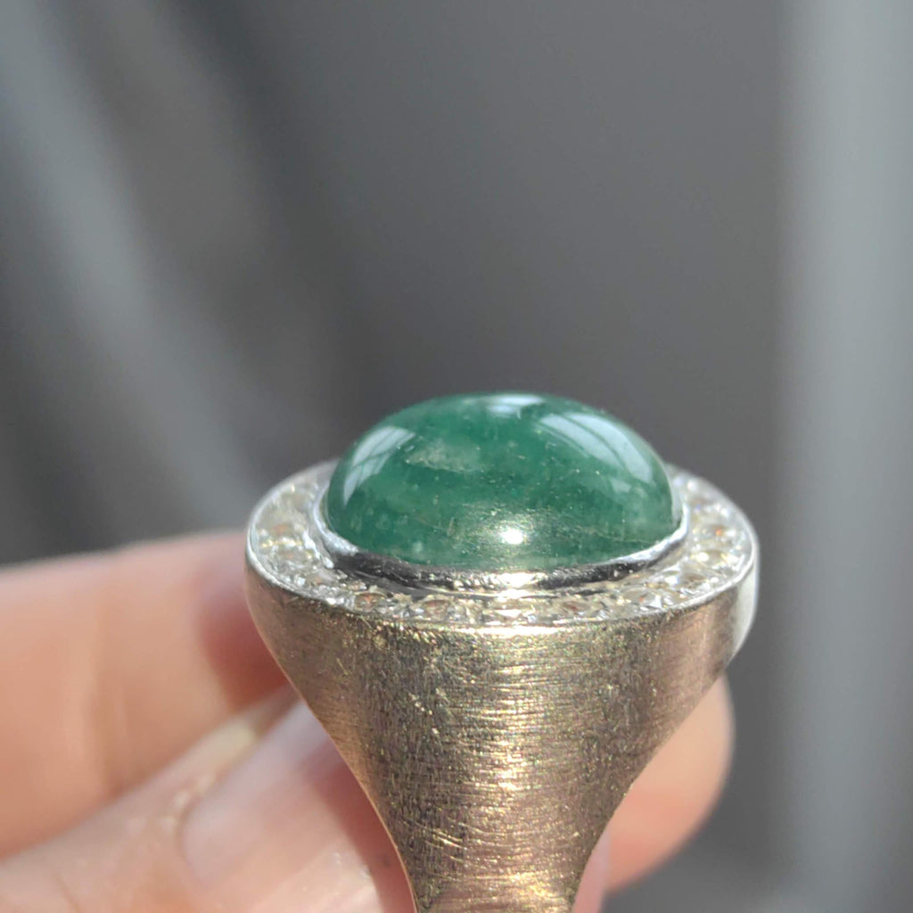 Emerald Diamond Ring Vintage 1970s Natural large cabochon Green Statement Estate Ring 14k Solid White Gold Elegant Statement Gift Her wife