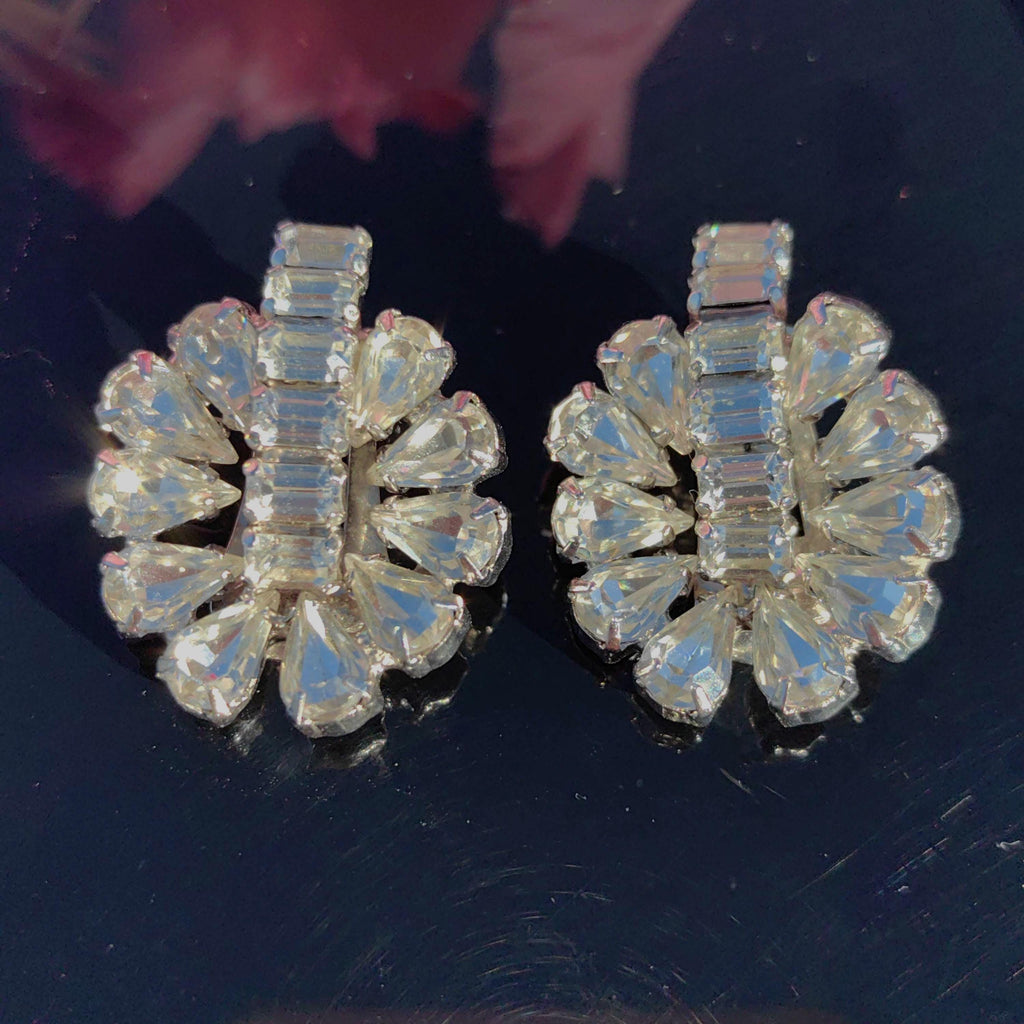 Art Deco Paste Stone Clip-on Earrings: Antique Silver Costume Jewelry