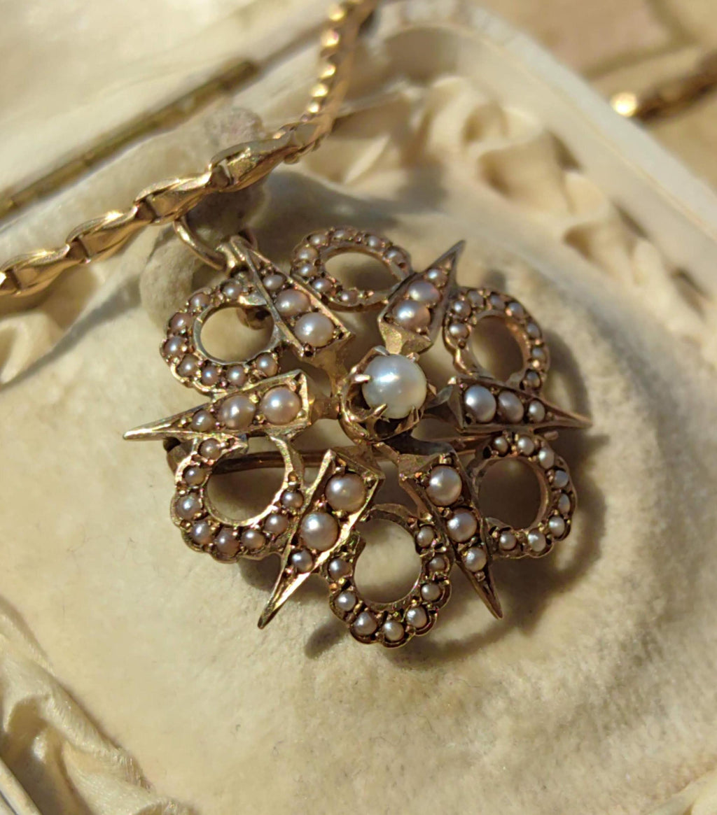 Victorian Pearl Star Pendant Brooch: 14K Yellow Gold Antique Jewelry