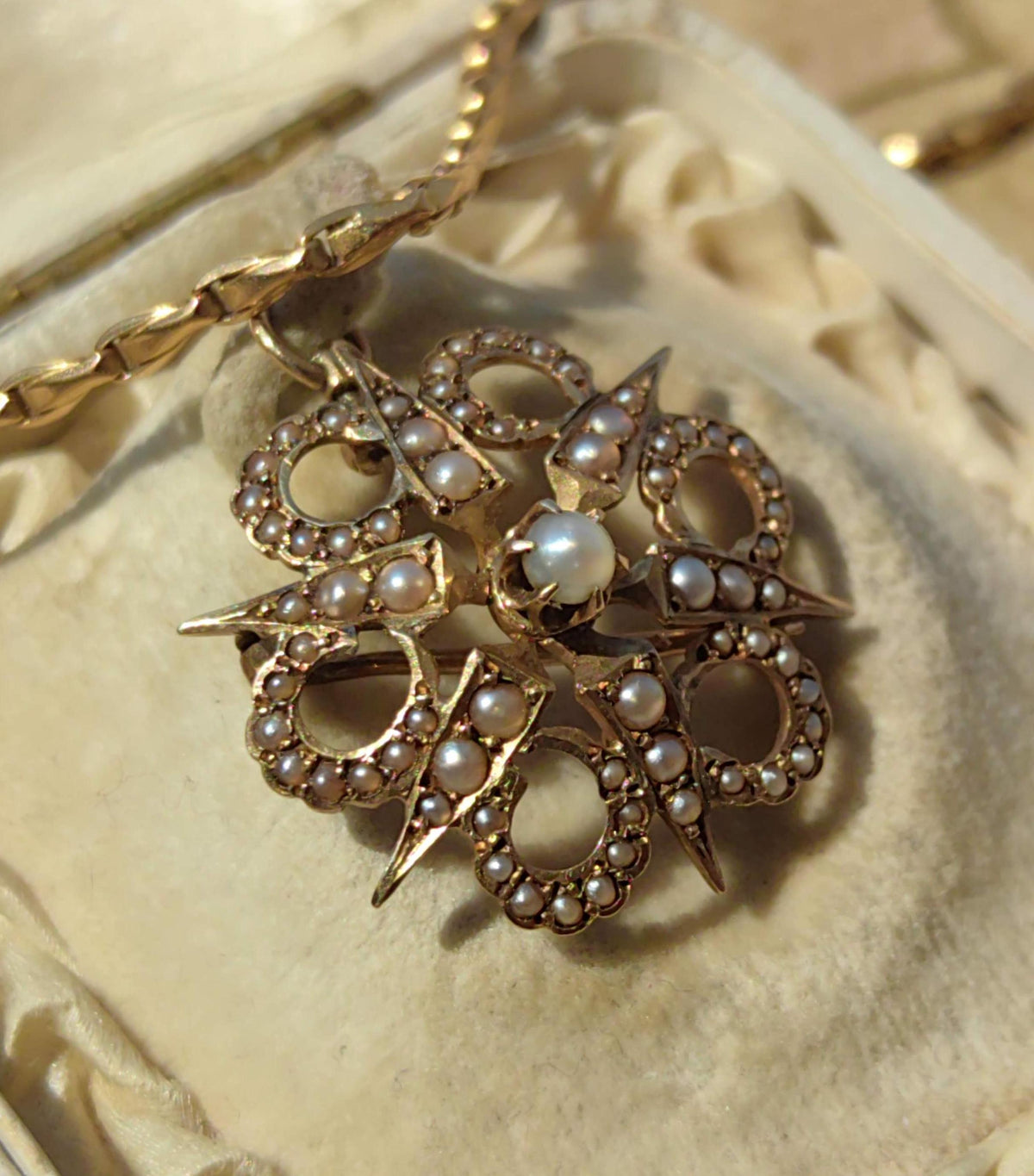 Victorian Pearl Star Pendant Brooch: 14K Yellow Gold Antique Jewelry