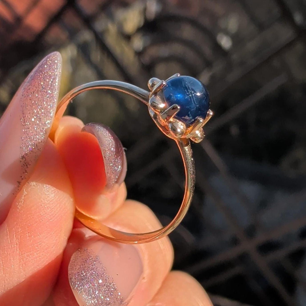Vintage Blue Natural Cabochon Sapphire Solid Yellow Gold Dainty Ring Sapphire Engagement Ring Gift for Her Present