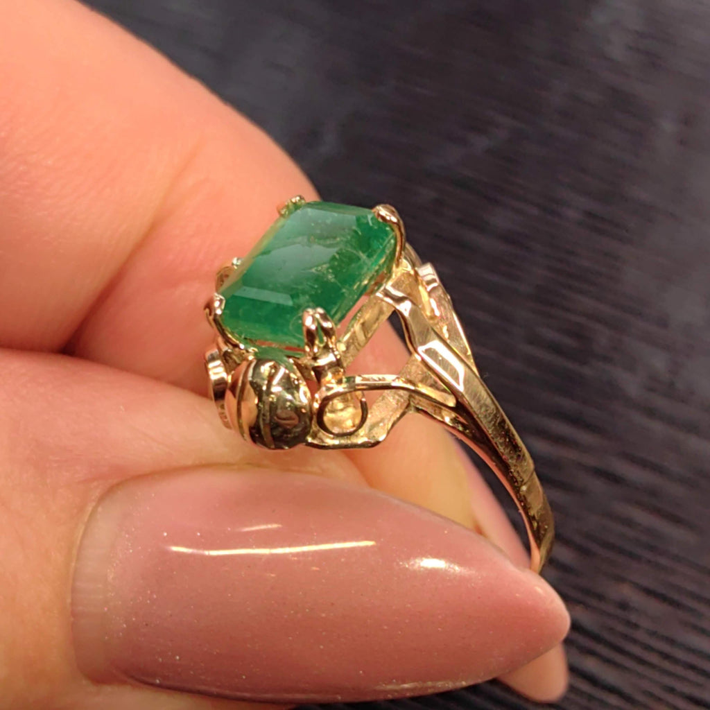 Art Nouveau 1900s Emerald Ring, Fine 14k Yellow Gold Antique Solitaire Ring, Natural Green Emerald Gift for Her, Size US 6.75 EU 54