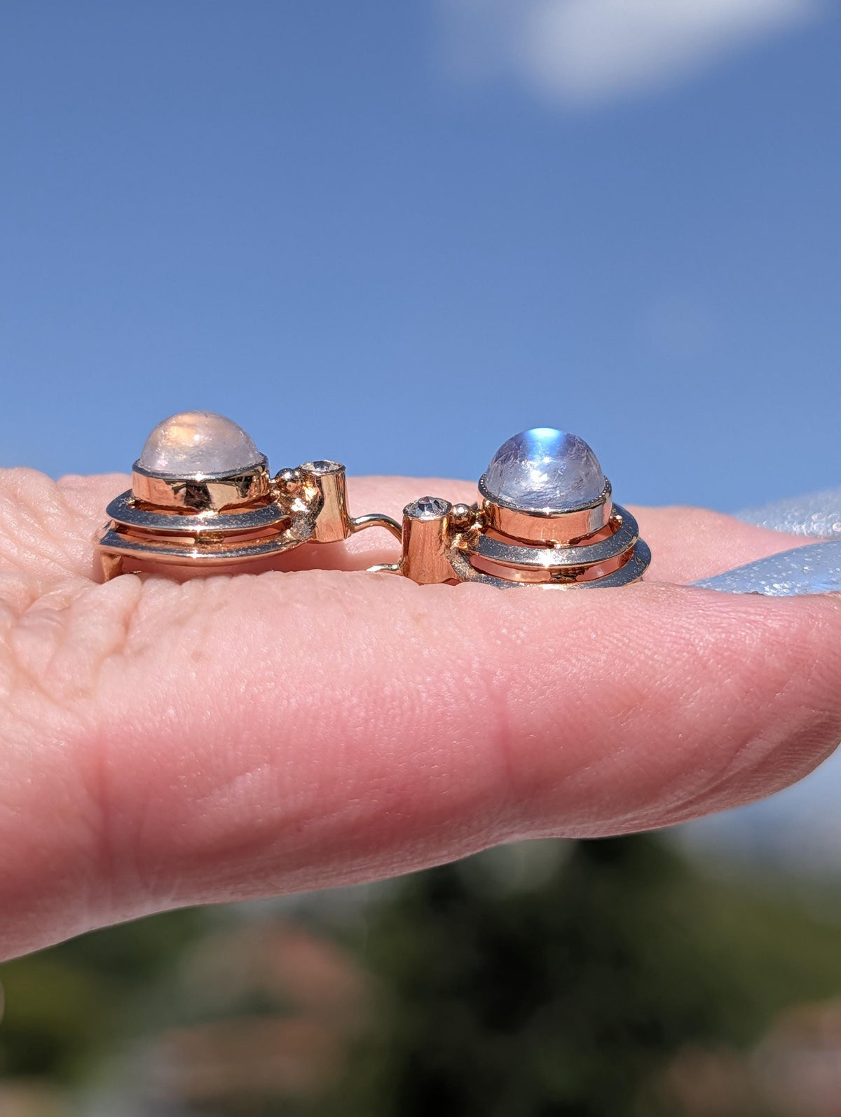 1920s Art Deco Moonstone Diamond Earrings, 14k Rose Gold, Hungarian Hallmarked Dangle