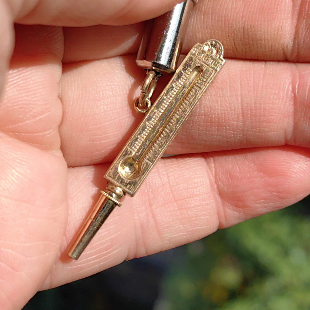 Antique 8k Gold Pocket Watch Key Pendant: 1860s Thermometer Charm