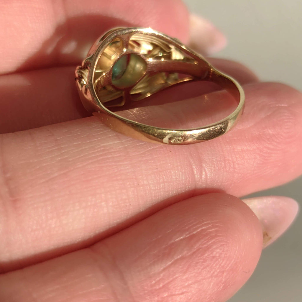Art Nouveau 1900s Emerald Hallmarked 14k 585 Solid Yellow Rose Gold Antique Vintage Oval Natural Stone Band Solitaire Ring Gift Present