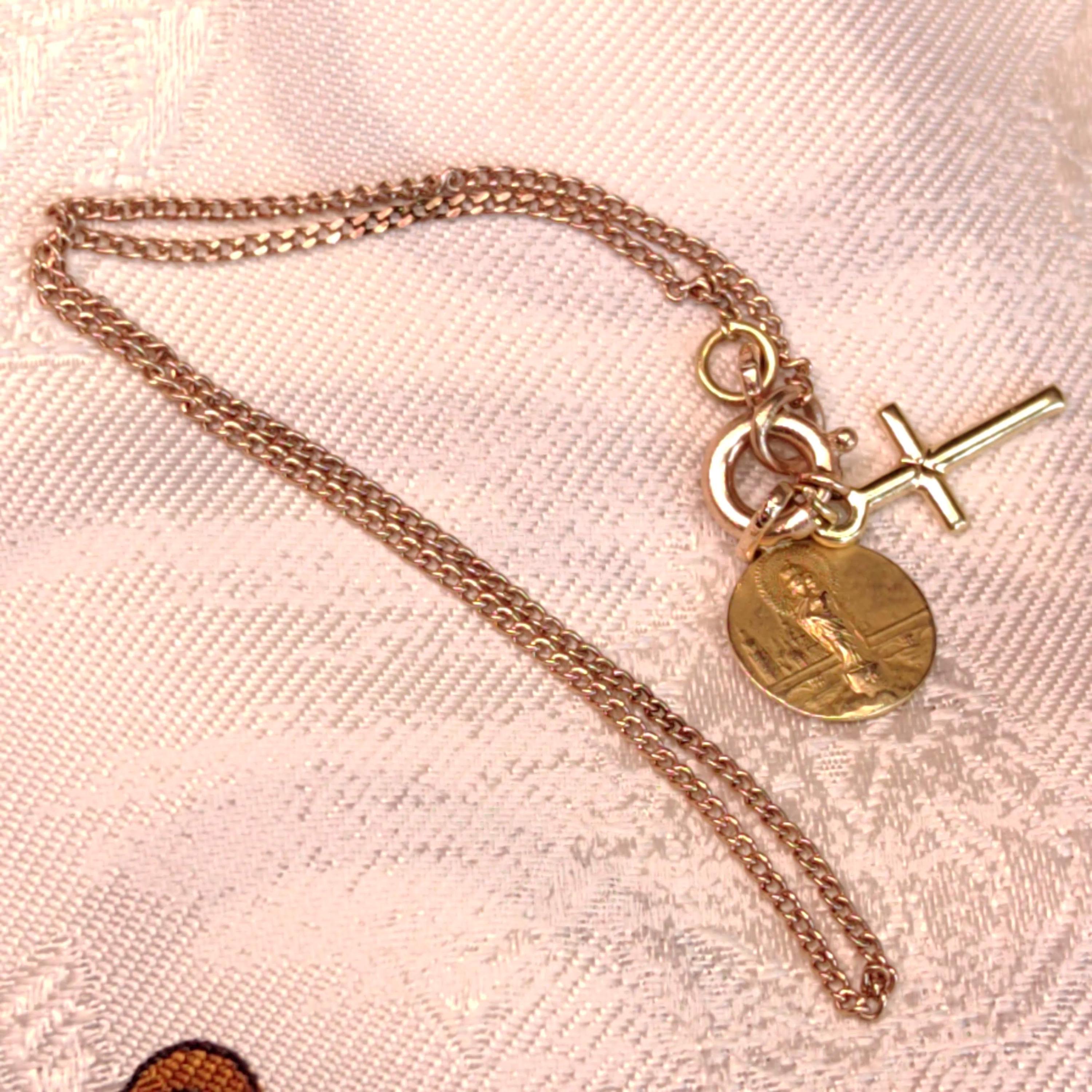 1900s Art Nouveau 14k Solid Yellow Rose Champagne Gold Chain Bracelet Madonna Virgin Mary Cross Christian Catholic Antique Vintage Charm