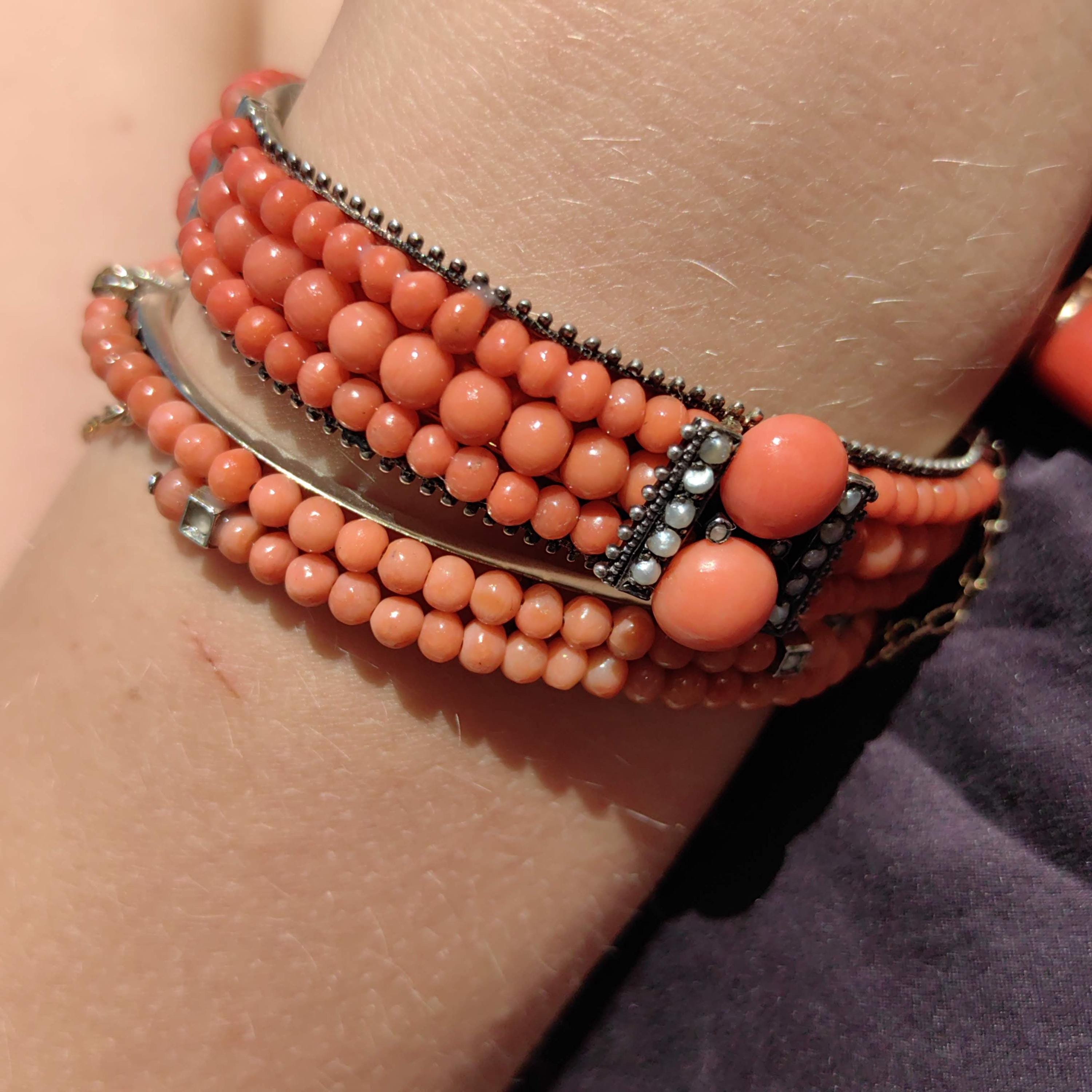 Victorian 800 Silver Coral Bangle Bracelet: Pearl Accent Statement Jewelry