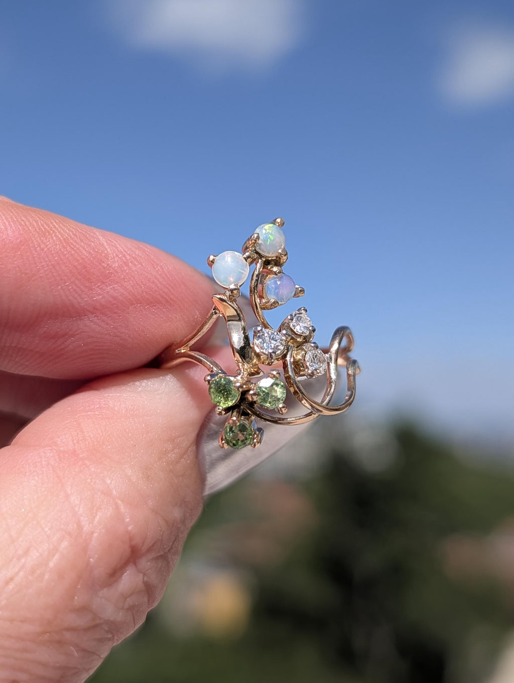 Art Nouveau 1900s Diamond Demantoid Opal Ring, 18k Yellow Gold Floral Vintage Engagement Ring, 1950s Heirloom Fine Jewelry Gift US 8.5