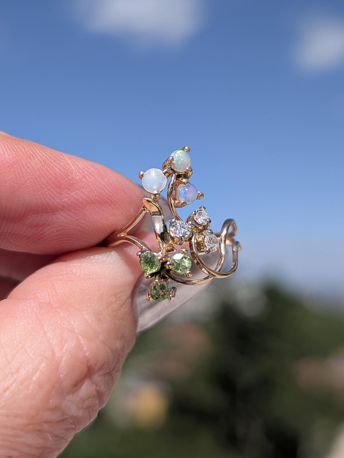 Art Nouveau 1900s Diamond Demantoid Opal Ring, 18k Yellow Gold Floral Vintage Engagement Ring, 1950s Heirloom Fine Jewelry Gift US 8.5