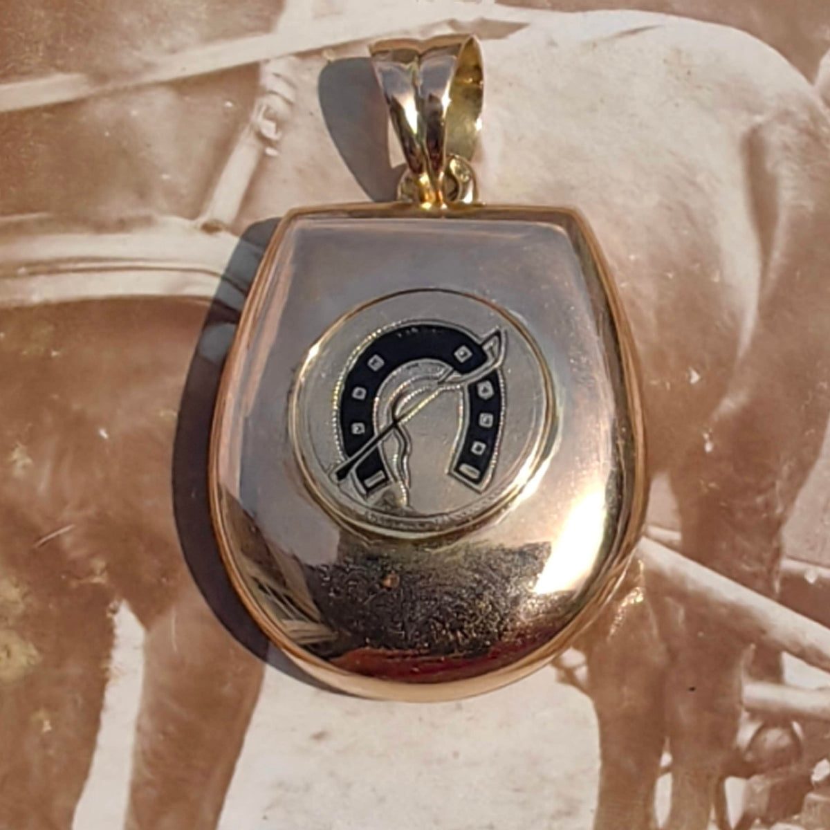 Antique 14k Gold Locket Pendant: Art Nouveau Enamel Horseshoe Design