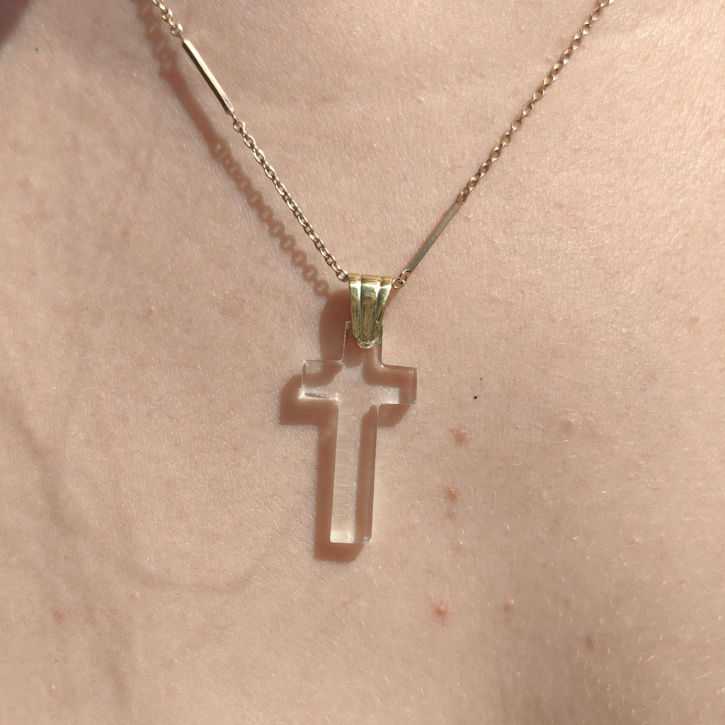 Vintage Solid 18k Yellow Gold Natural Rock Crystal Elegant Crucifix Pendant Christian Catholic Latin Cross Charm Gift