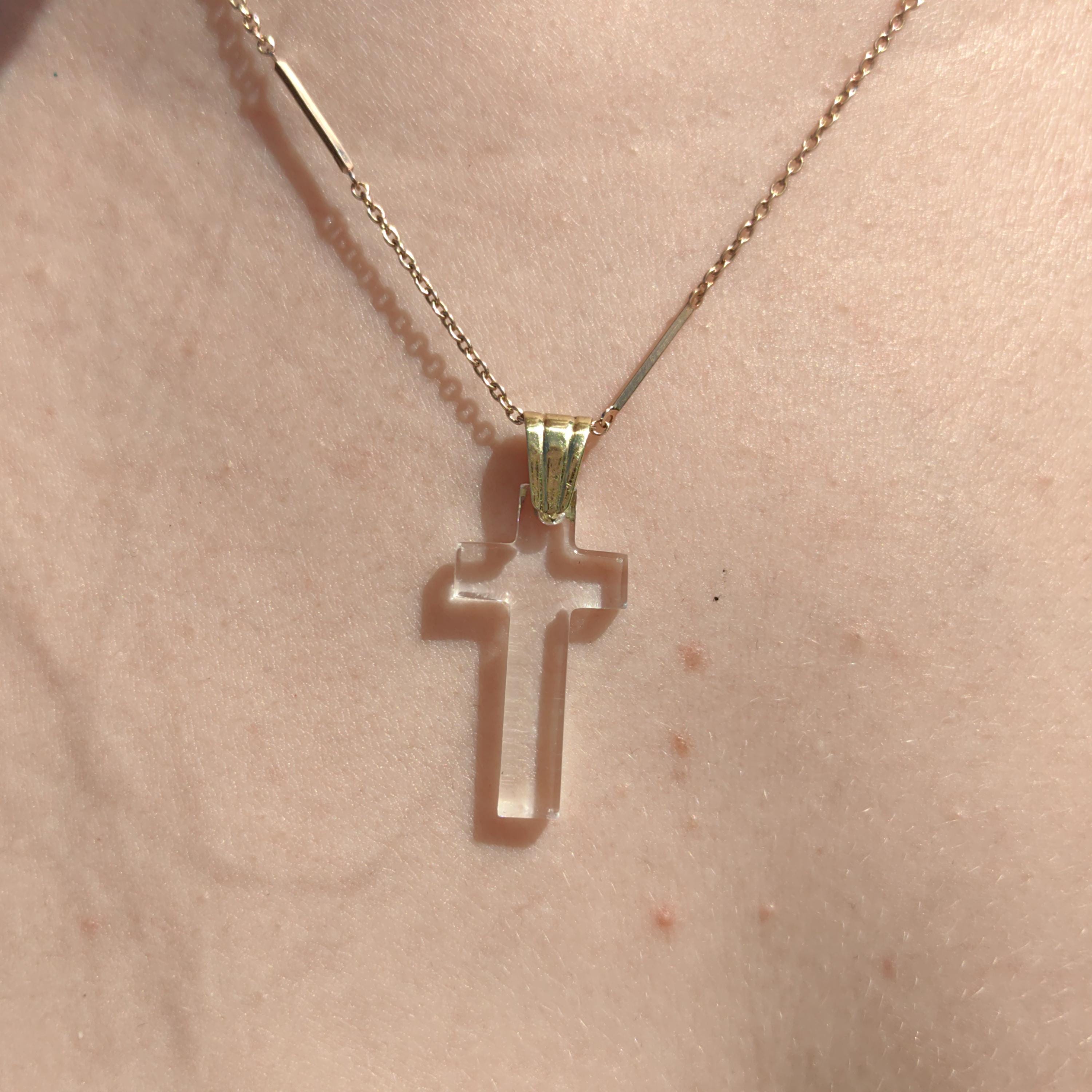 Vintage Solid 18k Yellow Gold Natural Rock Crystal Elegant Crucifix Pendant Christian Catholic Latin Cross Charm Gift