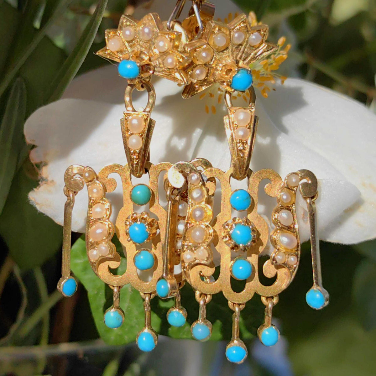 Turquoise Pearl 18K Gold Dangle Earrings: Antique Victorian Revival