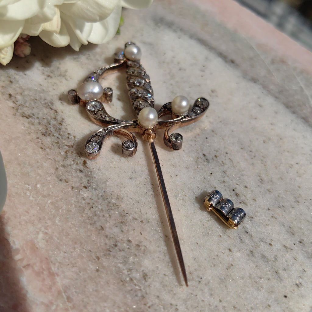 Antique Diamond Pearl Sword Brooch: 14k Gold Edwardian Pin