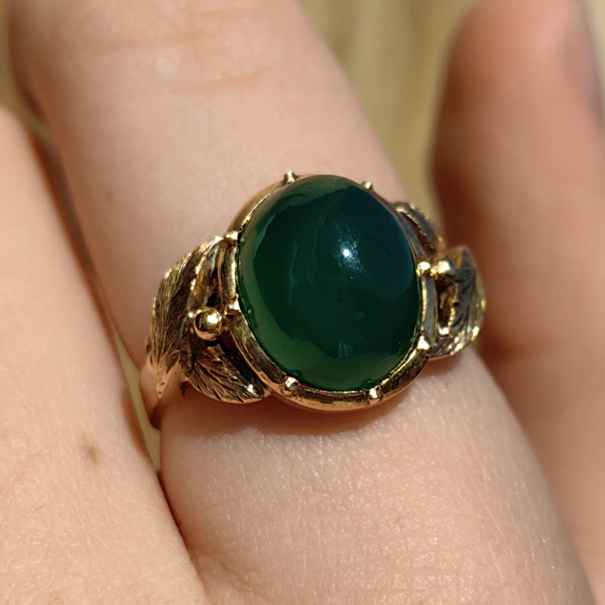 Green Chalcedony Victorian 1880s Hallmarked 18k Solid Yellow Gold Natural  Chrysoprase Stone Ring Vintage Antique Floral Ring Solitaire