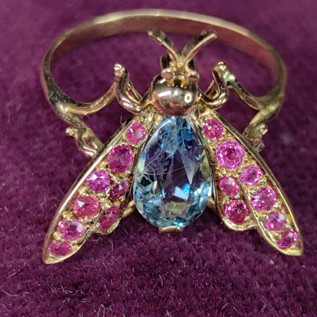 Vintage Light Blue Topaz Red  Ruby Solid 18k Yellow Gold Insect Fly Bee Statement Ring Mid Century 1950s Elegant Gift for Her  Present