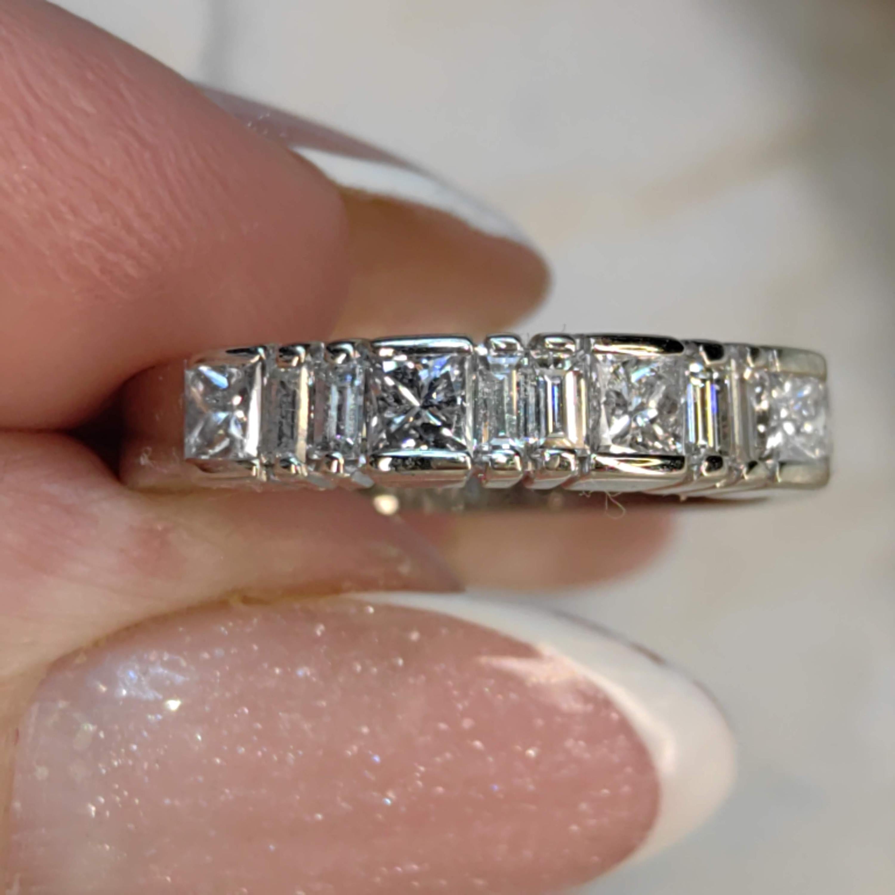 Princess and Baguette Cut Diamond Half Eternity 14k Solid White Gold Engagement Band Ring