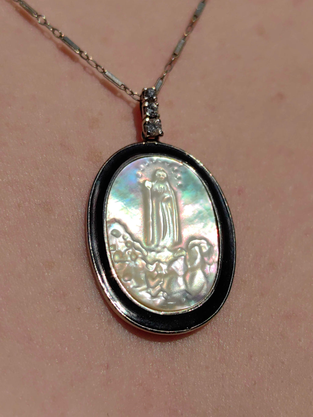 Art Deco 1920s 14k Solid Yellow Gold Jesus Pendant Natural Diamond, Mother of Pearl & Onyx Handmade Gift for her Present