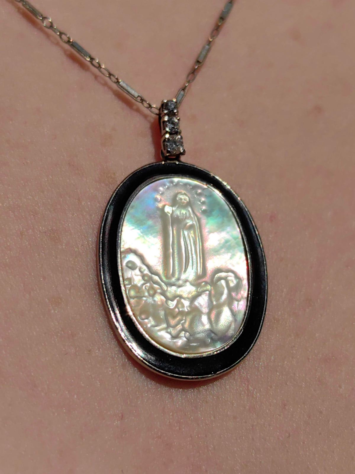 Art Deco 1920s 14k Solid Yellow Gold Jesus Pendant Natural Diamond, Mother of Pearl & Onyx Handmade Gift for her Present