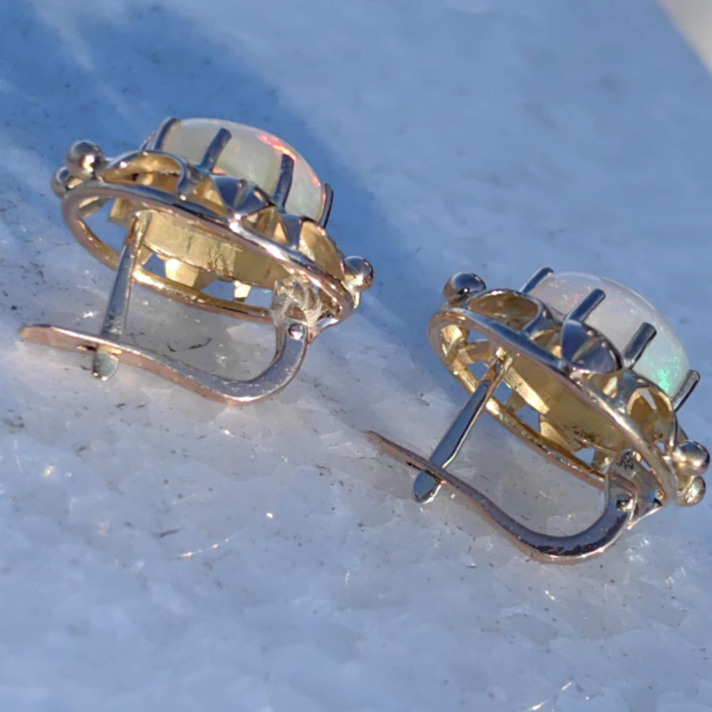 Antique Opal 18k Gold Earrings: Handmade Floral Art Nouveau Jewelry