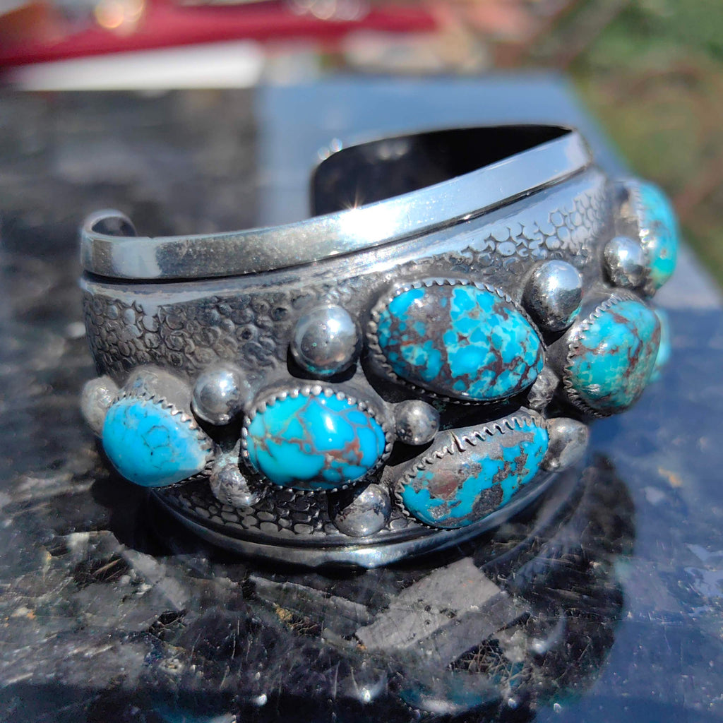 Vintage 1970s Navajo  Natural Turquoise Hallmarked Sterling Silver Massive 72 gr Bangle Bracelet