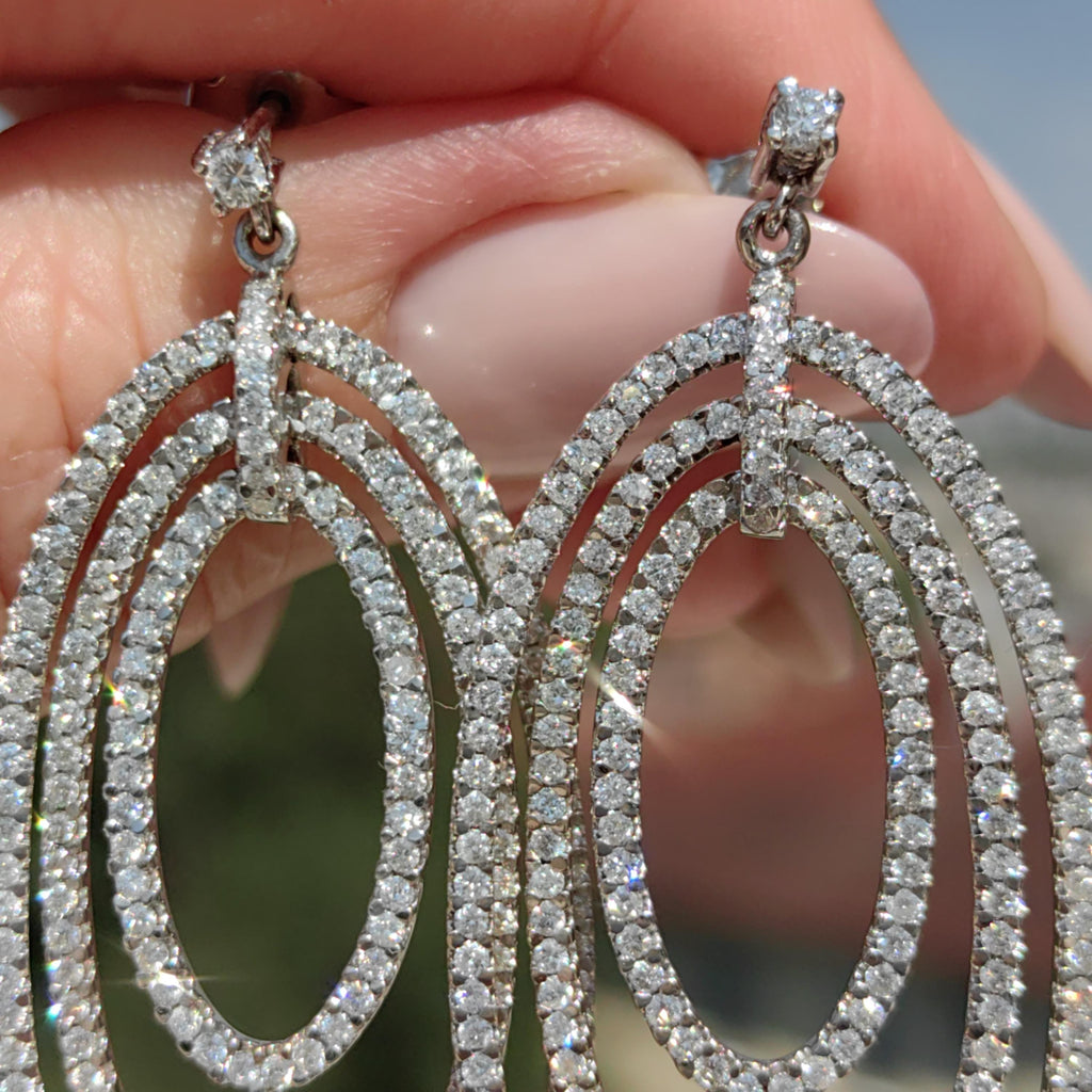 Natural Diamond Dangle 14k White Gold Pave Setting Earrings Elegant Wedding Jewelry Statement Large Oval Drop Dangle Earrings