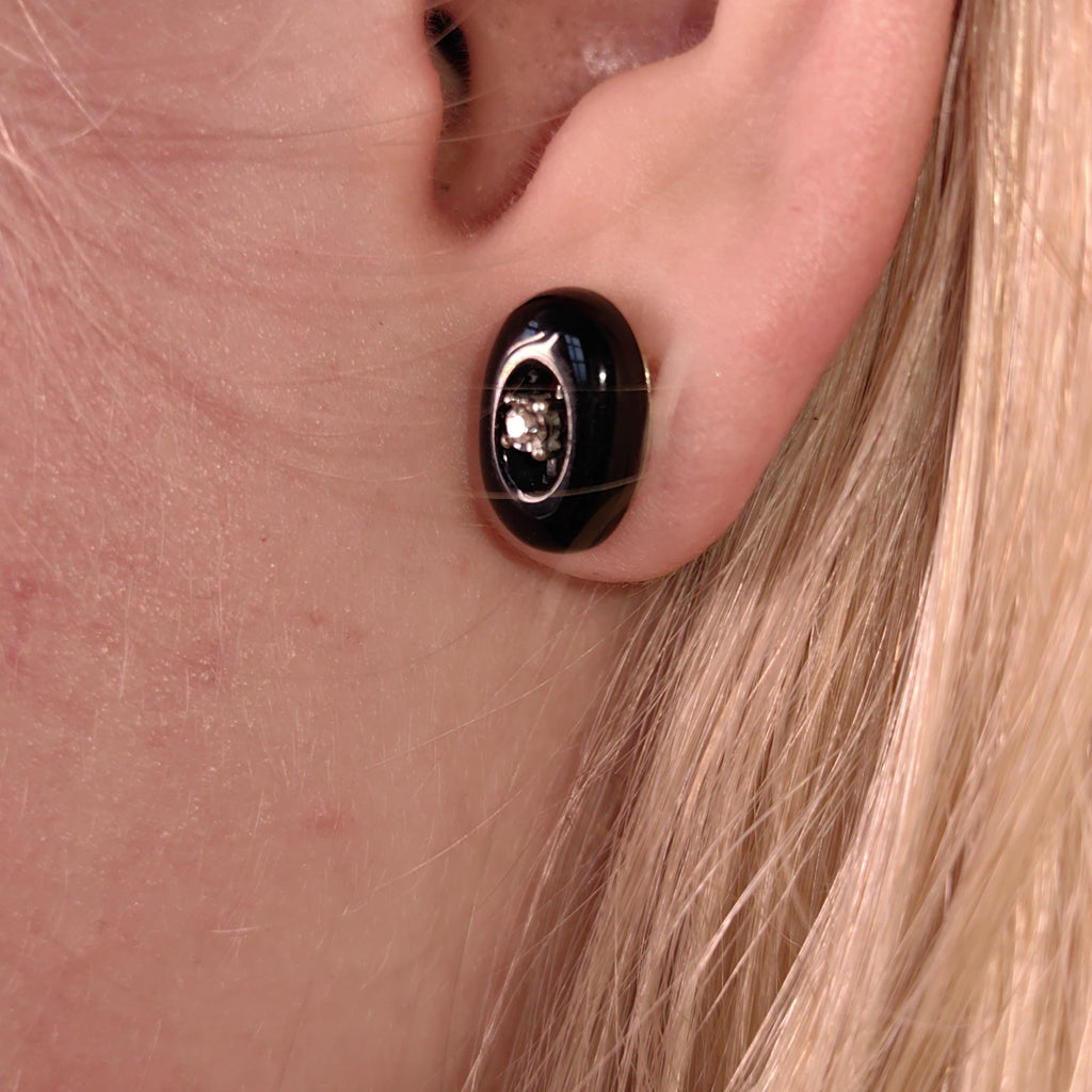 Mid Century Onyx Diamond Solid 8k White Gold Stud Earrings, Minimalist Elegant Black Oval Shaped Earrings, Gift for Her Present