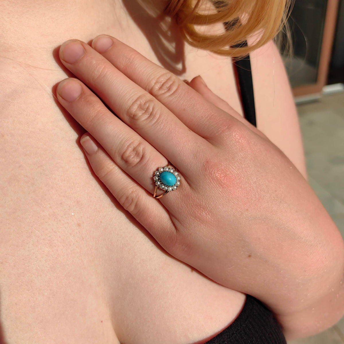 Victorian 1880s Antique Vintage Natural Pearl and Sky Blue Turquoise 14k Solid Yellow Champagne Gold Floral Cluster Halo Ring Gift for Her