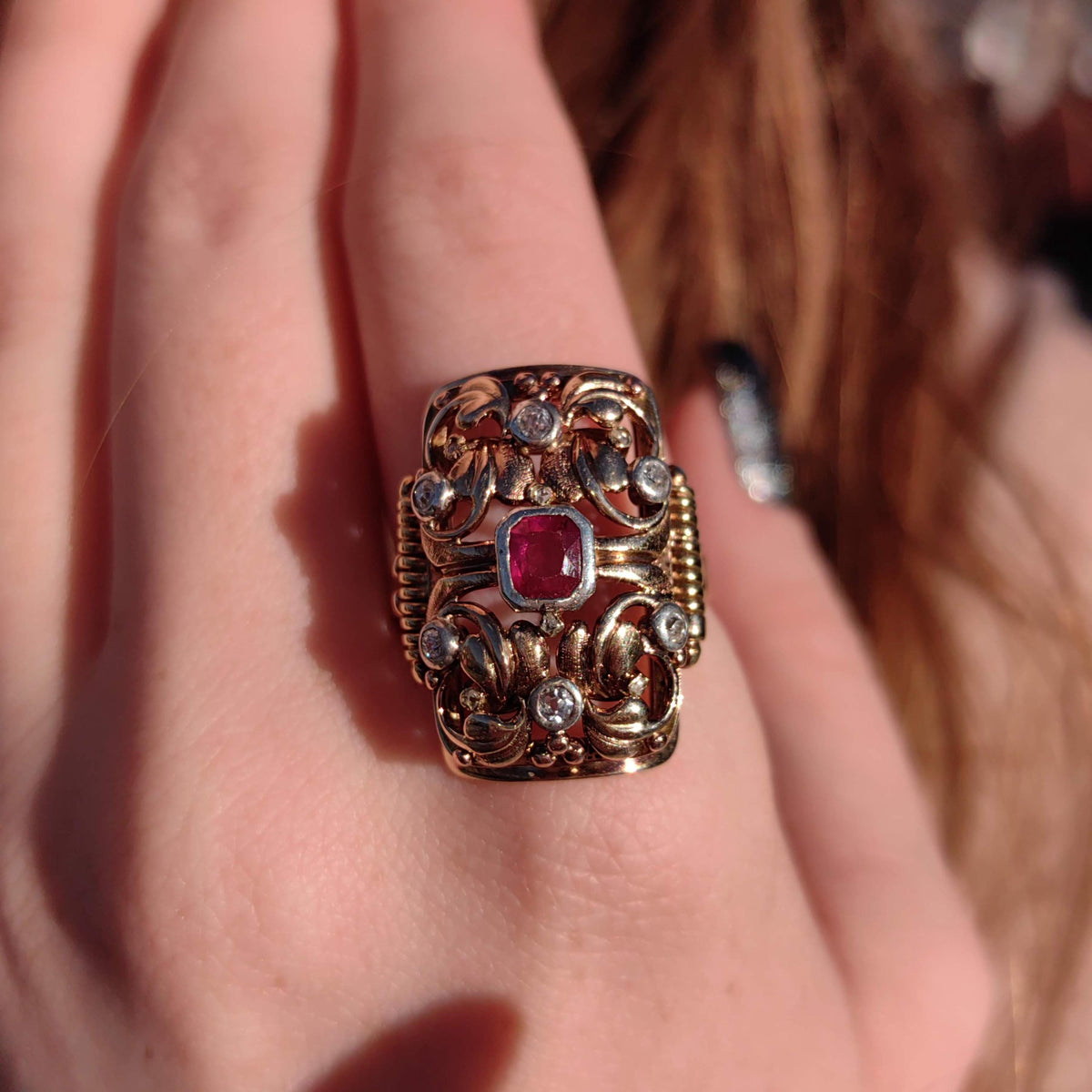 Vintage Art Deco 1920s Natural Red Ruby Diamond Ring Antique 14k Solid Yellow Gold Statement Ring Gift for Her