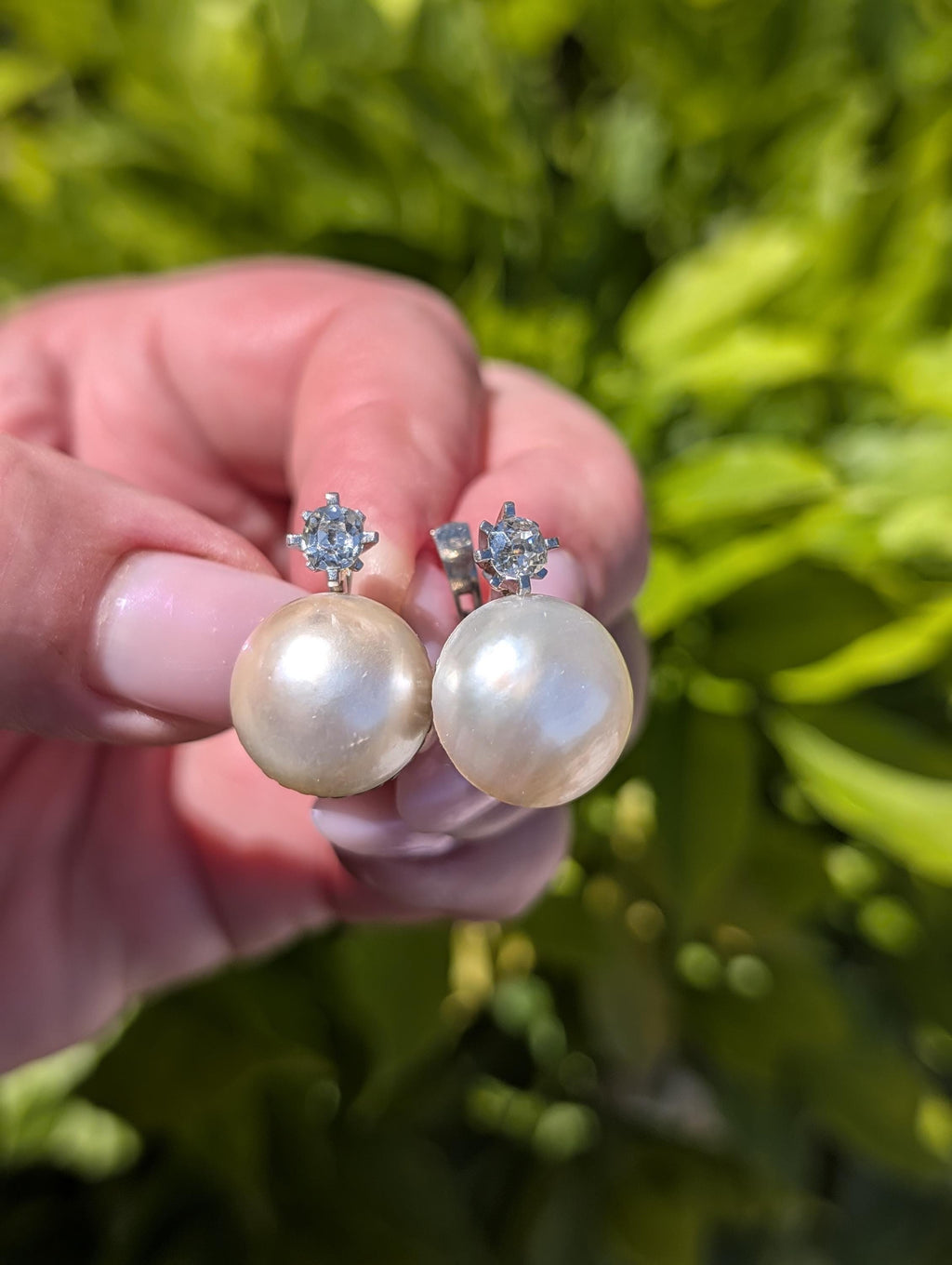 1940s Diamond Mabe Pearl Statement Earrings 18k White Gold Old Mine Cut Diamonds Hallmarked Luxury Fine Jewelry Gift for Her