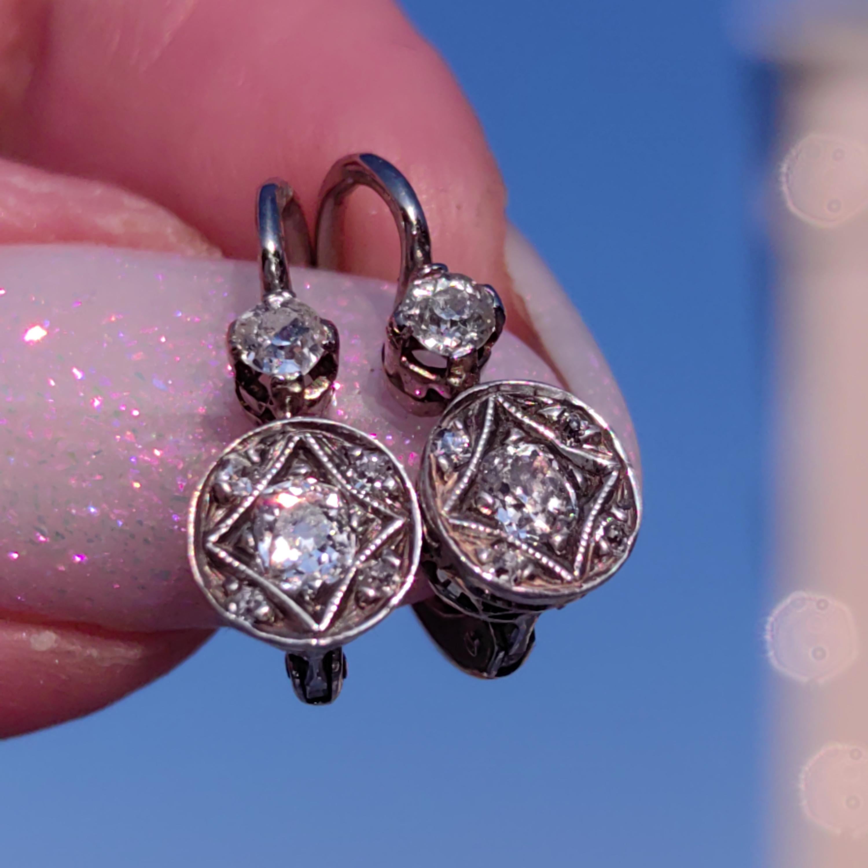 1920s Diamond Sleeper Earrings: Antique 14k White Gold Wedding Jewelry