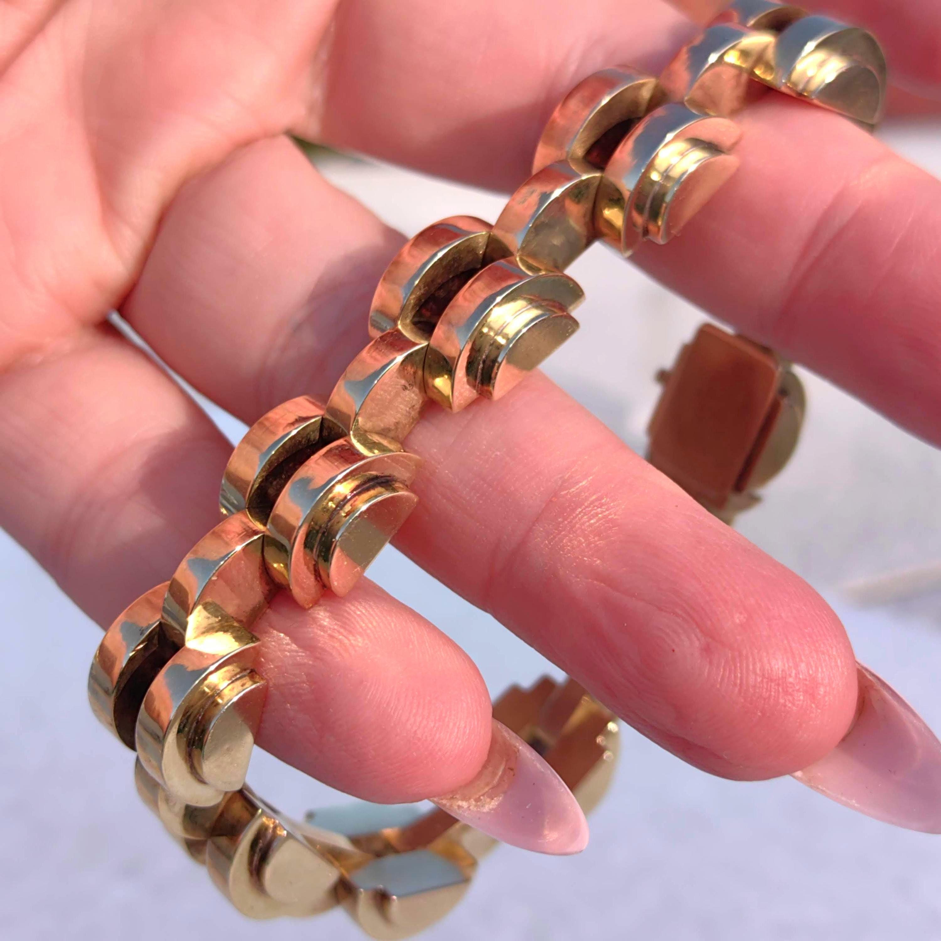 Art Deco 14k Gold Geometric Link Bracelet - 21cm Handmade Statement