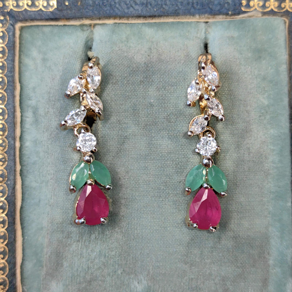 9k Gold Floral Dangle Earrings: Ruby, Emerald & Cubic Zirconia