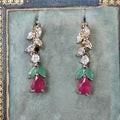 9k Gold Floral Dangle Earrings: Ruby, Emerald & Cubic Zirconia