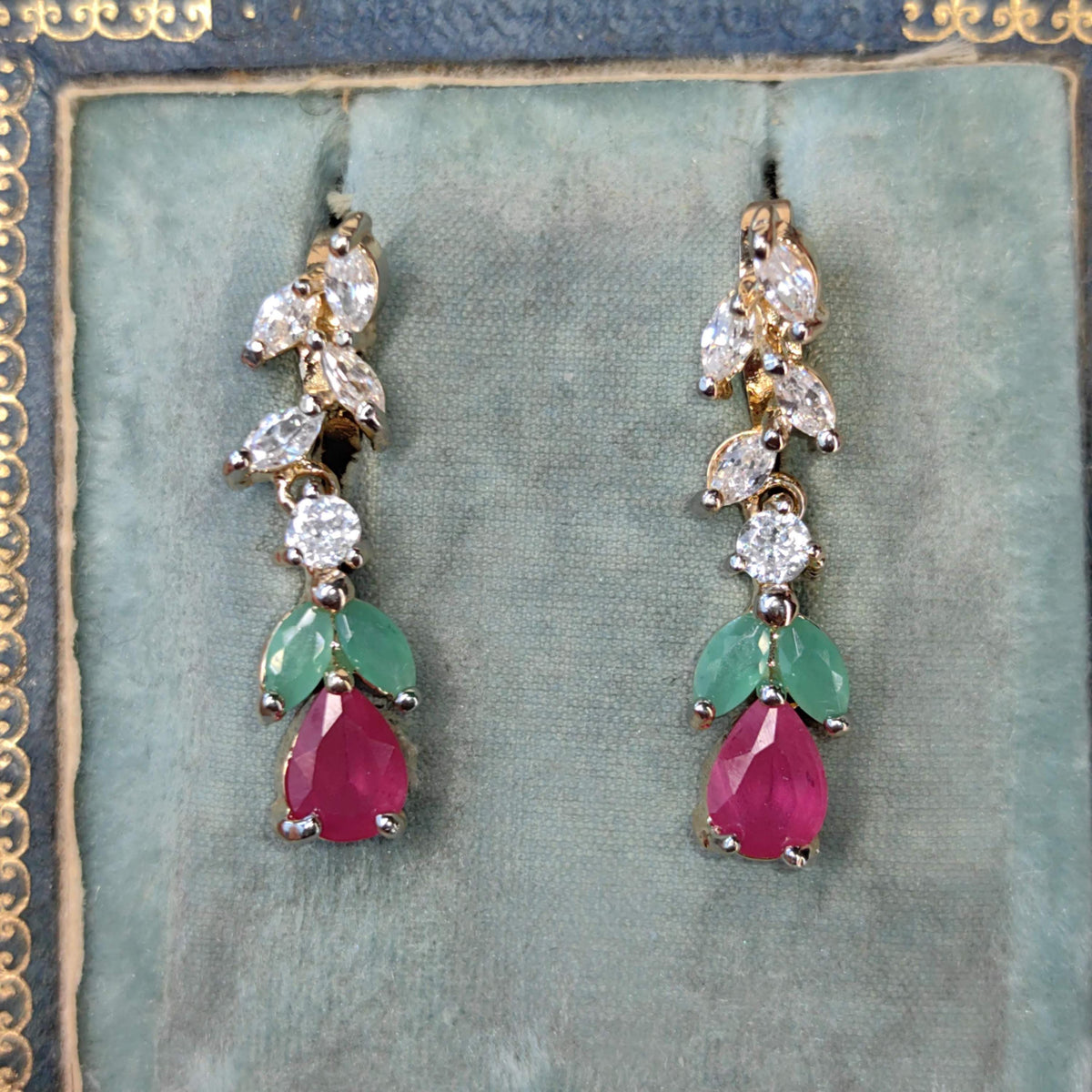 9k Gold Floral Dangle Earrings: Ruby, Emerald & Cubic Zirconia