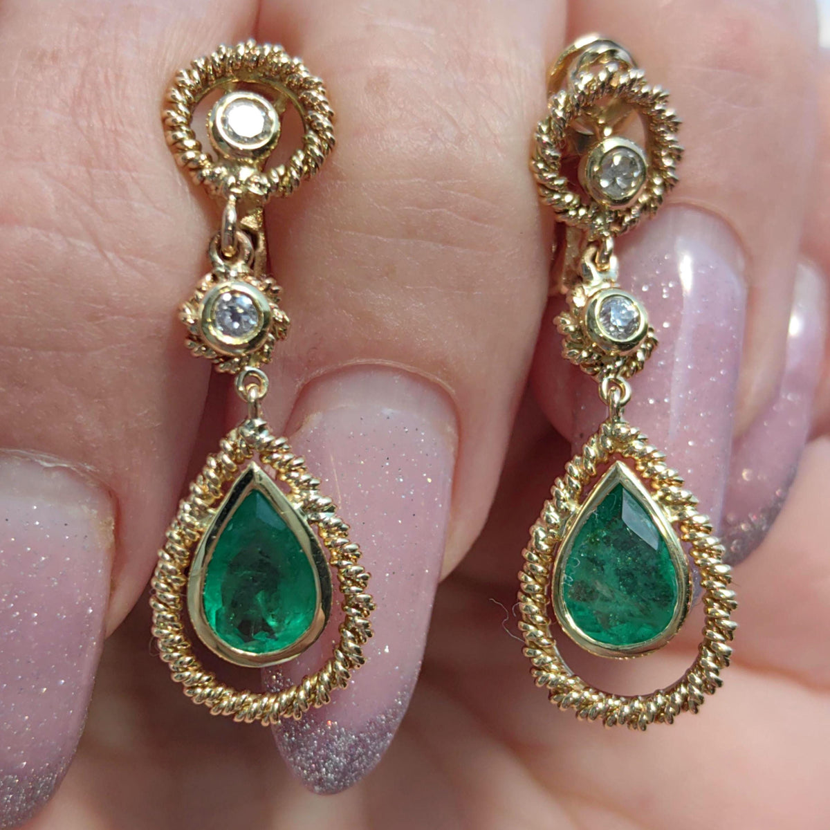 Antique Emerald Diamond 18k Gold Dangle Earrings: Mid Century French Dormeuses