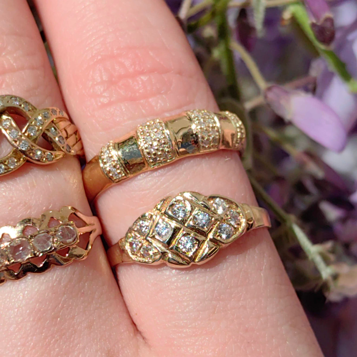 Vintage 18K Gold Diamond Band Ring: 1980s Bamboo Design