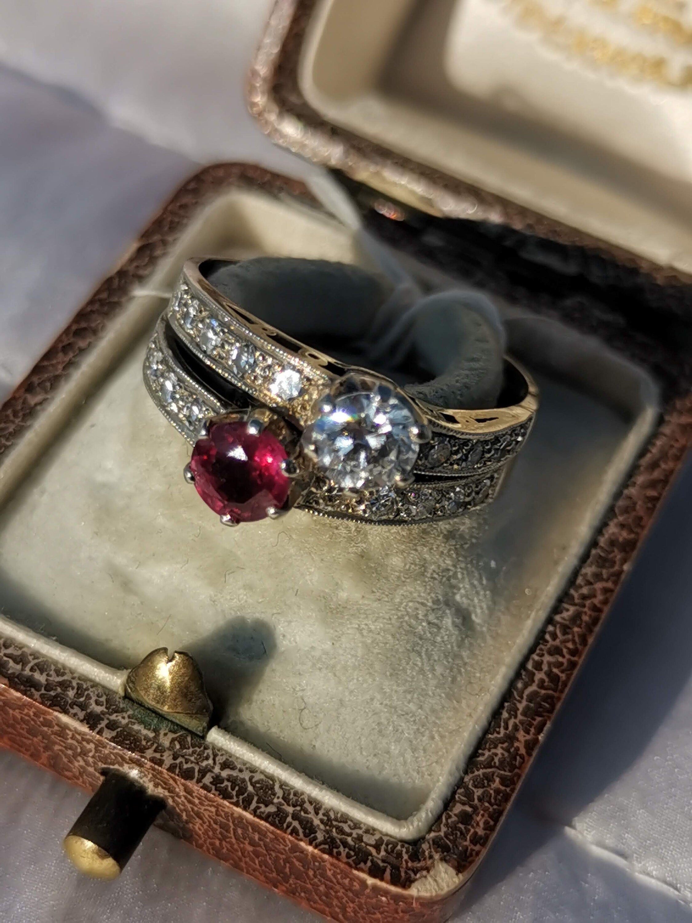 Art Deco Toi et Moi Ring: Ruby and Diamond 14k White Gold, 1930s