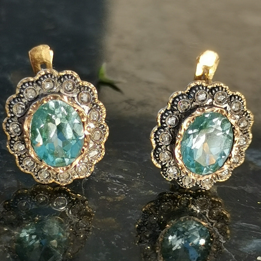Vintage 1940s Aquamarine Diamond Earrings: 19.2k Gold & Silver Studs