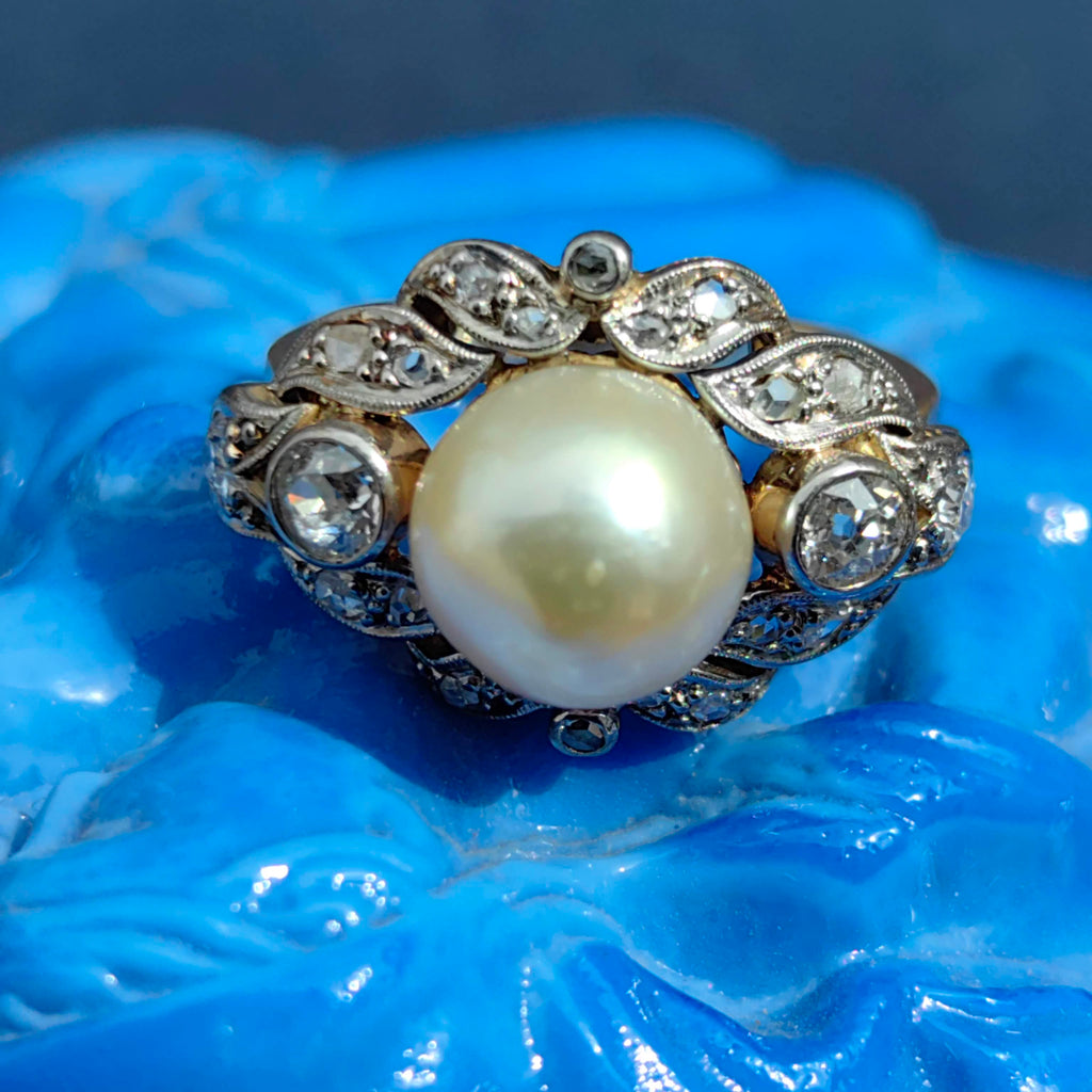 1920s Art Deco Pearl Diamond Ring: 14k Gold Wedding Engagement Ring
