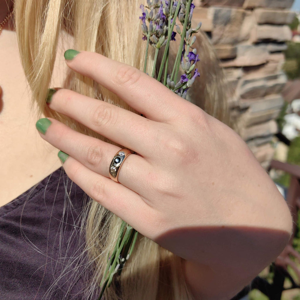 Victorian Sapphire Diamond Ring: 14k Yellow Gold Antique Gipsy Band