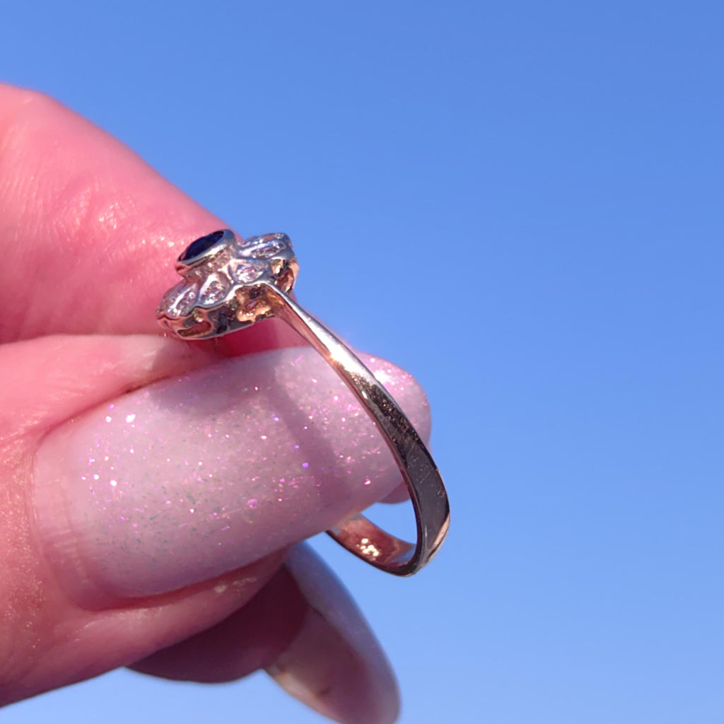 Mid-Century Sapphire Diamond Ring: 14k Gold Floral Engagement Ring, Size 8