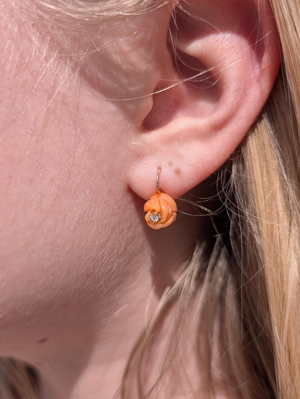 1950s Mid Century Hand Carved Coral Diamond 14k Gold Rose Earrings, Handmade Delicate Floral Lever Back Sleepers Earrings, Gift for Her
