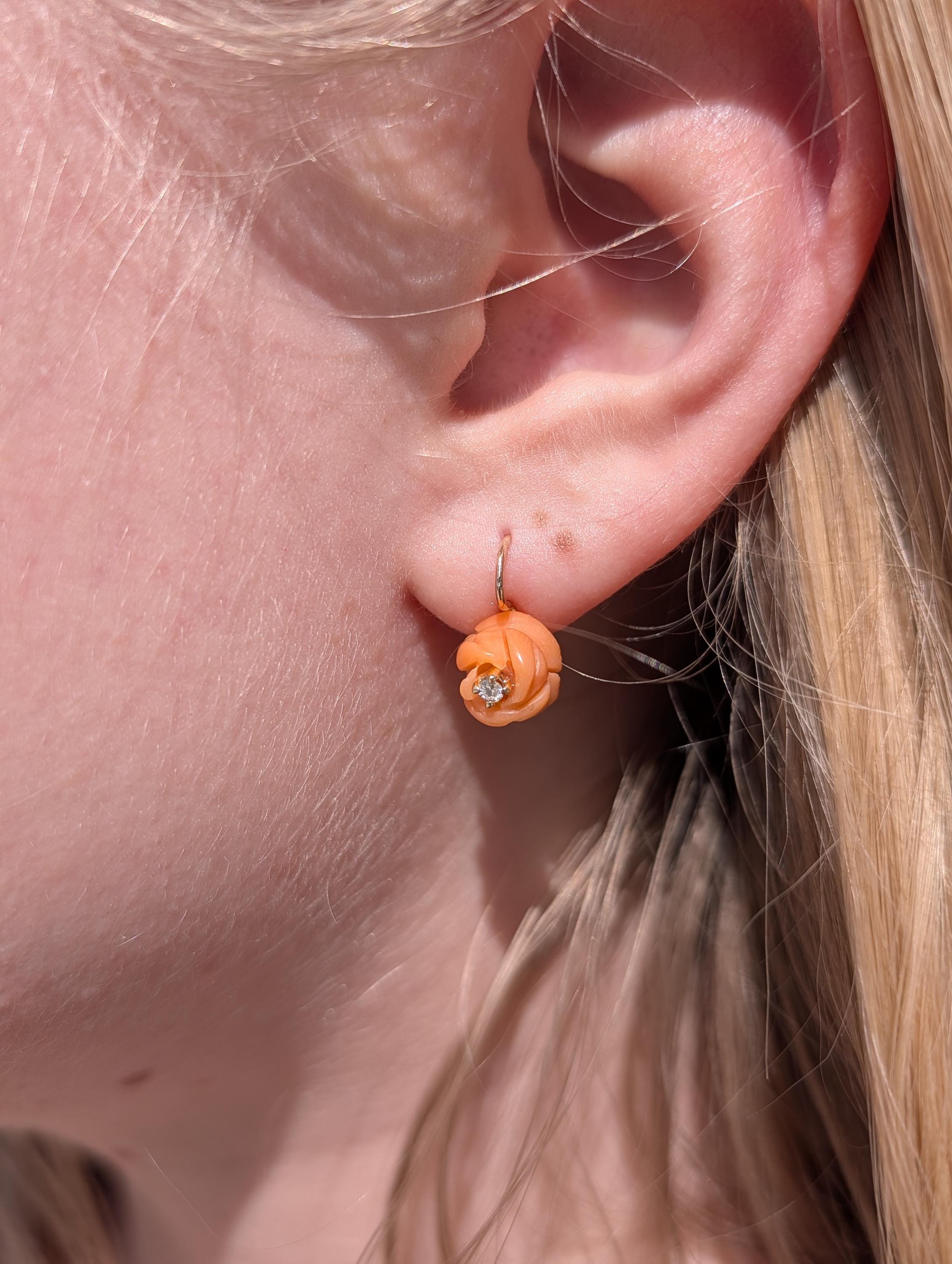 1950s Mid Century Hand Carved Coral Diamond 14k Gold Rose Earrings, Handmade Delicate Floral Lever Back Sleepers Earrings, Gift for Her