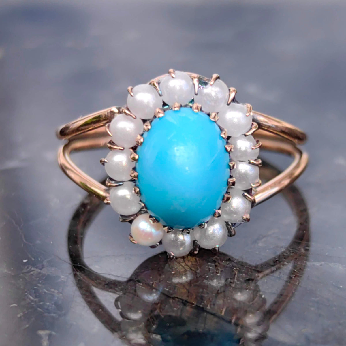 Victorian 1880s Antique Vintage Natural Pearl and Sky Blue Turquoise 14k Solid Yellow Champagne Gold Floral Cluster Halo Ring Gift for Her