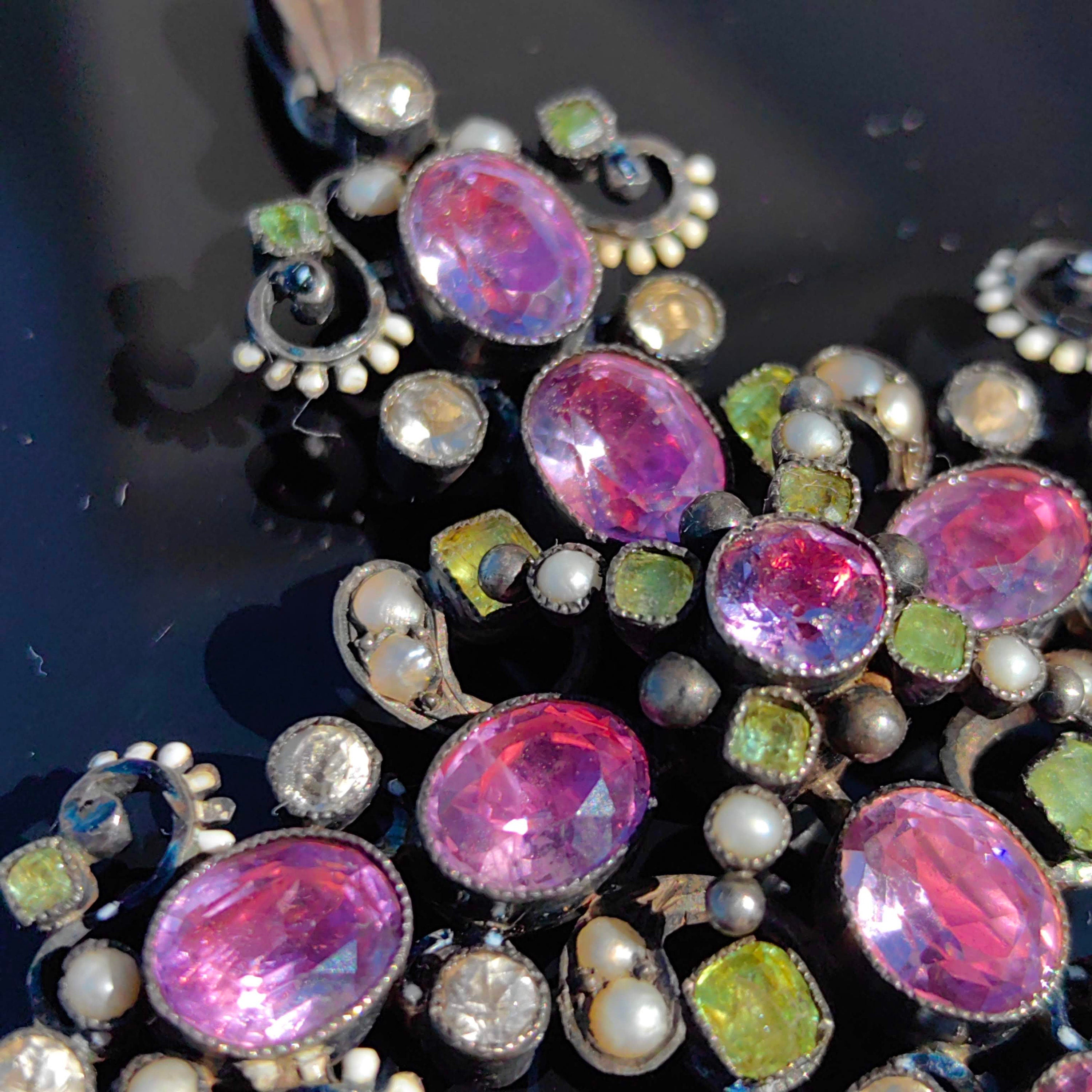 Baroque Antique natural Purple Amethyst Green Demantoid white Sapphire Silver Christian Latin Cross Large Statement Pendant