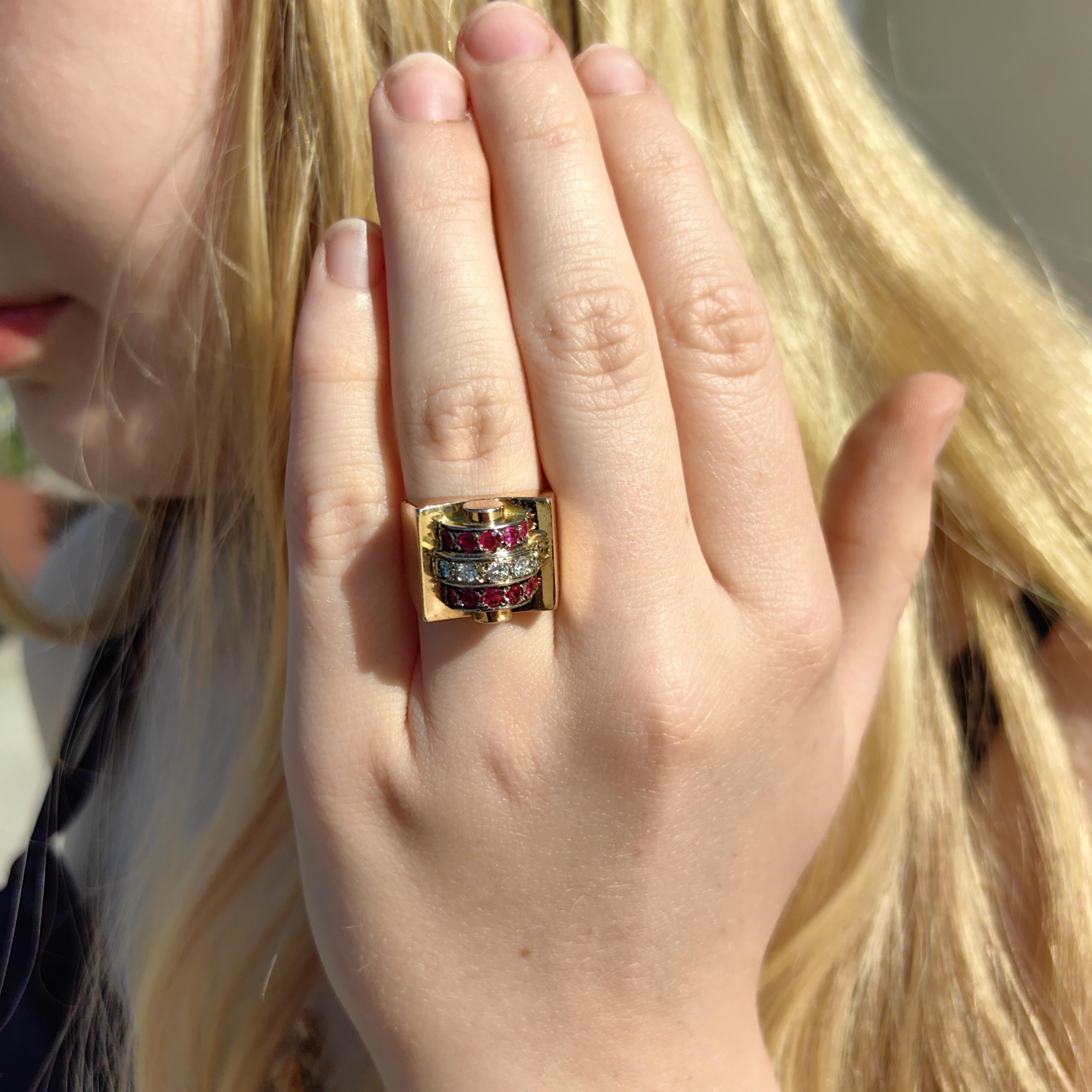 French Art Deco 18k Gold Tank Chevalier Ring: natural Ruby, Diamond Statement Jewelry 1920s luxurious stylish gift, Unisex original antique